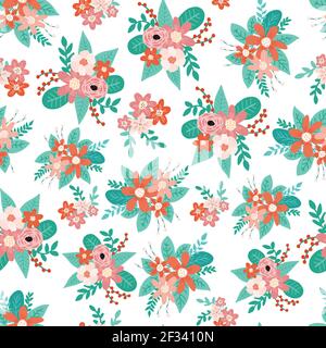 Motif vectoriel sans couture fleurs rouge rose turquoise turquoise. Bouquets de fleurs scandinaves sur fond blanc. Plat Scandi style vintage abstrait Illustration de Vecteur