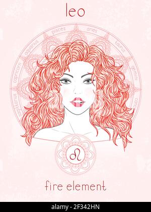 Illustration vectorielle du signe du zodiaque du Lion, portrait belle fille et cercle d'horoscope. Élément de feu. Mysticisme, prédictions, astrologie. Illustration de Vecteur