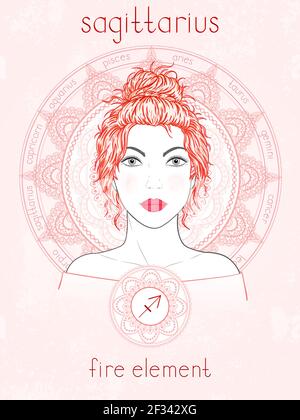 Illustration vectorielle du signe Sagittaire zodiaque, portrait belle fille et cercle d'horoscope. Élément de feu. Mysticisme, prédictions, astrologie. Illustration de Vecteur