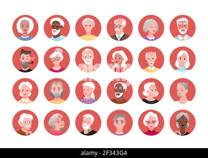 Ensemble d'avatar rond pour personnes âgées, collection de portraits homme heureux femme personnage senior Illustration de Vecteur