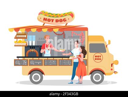 Hot dog Street marché fastfood camion, couple heureux les gens achètent hotdogs du fournisseur Illustration de Vecteur