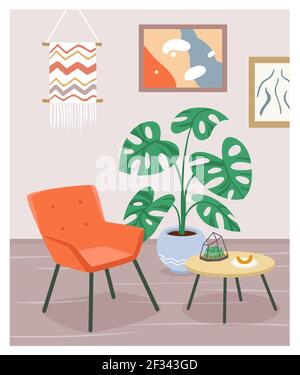 Intérieur de la maison de boho, fauteuil moderne, mobilier de salon, maison confortable scandinave Illustration de Vecteur