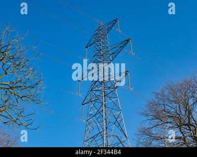 Un pylône de transmission d'électricité à haute tension en hiver - partie du réseau national pour la distribution du pouvoir par des câbles aériens dans le Royaume-Uni. Banque D'Images