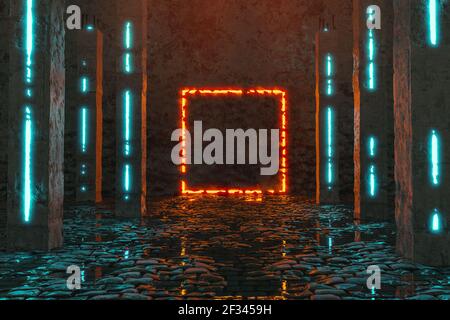 rendu 3d de la forme carrée orange claire à côté du béton piliers et plancher pavé avec flaques Banque D'Images