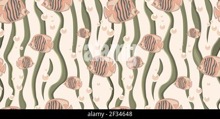 Motif marin sans couture. Papier numérique pour la décoration. Décoration de tissus et textiles. La vie marine. Poissons tropicaux en algues. Illustration de Vecteur