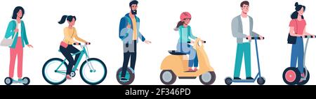 Ensemble de véhicules alternatifs vector respectueux de l'environnement. Les gens, les hommes et les femmes sont à bord d'un scooter électrique moderne, d'un gyroboard, d'un skateboard, d'un vélo, d'un cyclomoteur. Illustration de Vecteur