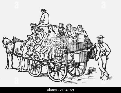 Croquis du XIXe siècle d'une des voitures hantantes qui transportait des passagers de la ville de Galway à Clifden dans le Connemara, comté de Galway, Irlande Banque D'Images