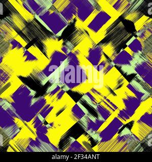 Violet, violet, vert, taches noires, coups de pinceau, arrière-plan jaune. Grunge motifs abstraits, imitation de peinture numérique. Design moderne et élégant Banque D'Images