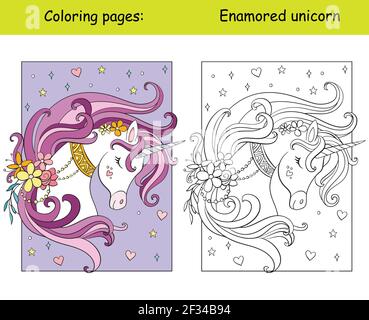 Beauté licorne tête avec étoiles et fleurs. Page de livre de coloriage pour les enfants avec modèle coloré. Illustration vectorielle isolée. Pour colorier Illustration de Vecteur