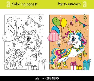 licorne de fête avec ballons. Page de livre de coloriage pour les enfants avec modèle coloré. Illustration vectorielle isolée. Pour le livre de coloriage, pré Illustration de Vecteur