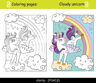 Une jolie licorne avec des ailes volantes dans le ciel. Page de livre de coloriage pour les enfants avec modèle coloré. Illustration vectorielle isolée. Pour colorier Illustration de Vecteur