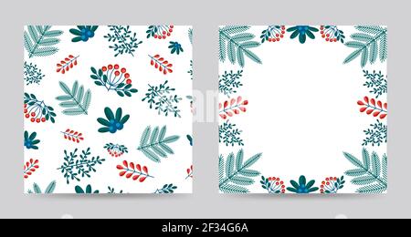 Collection de cartes de vœux Merry Christmas et motif sans couture avec cadre plantes d'hiver dans le style rétro. Illustrations vectorielles avec botanica Illustration de Vecteur