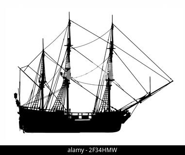 silhouette d'un ancien bateau pirate sur fond blanc Banque D'Images