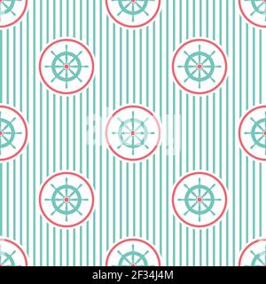 Motif à rayures sans coutures marines avec casque bleu sur blanc. Décoration de volant bateau et bateau. Arrière-plan marin avec barre. Vecteur d'été plat i Illustration de Vecteur