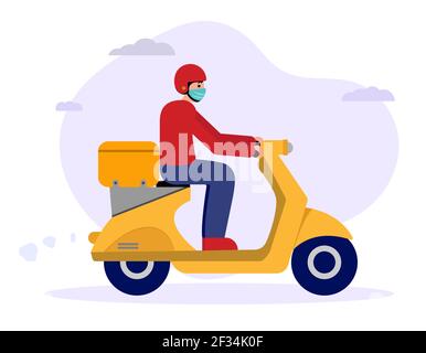 Jeune coursier en masque médical livrer les produits commandés en ligne sur le scooter orange ou moto. Style vectoriel plat. Concept de quarantin du coronavirus Illustration de Vecteur