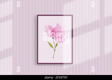 Fleur d'aquarelle rose peinte à la main. Présenté sur un cadre d'image suspendu mural avec passage de l'ombre parfait pour la conception de décorations murales, poteau Illustration de Vecteur