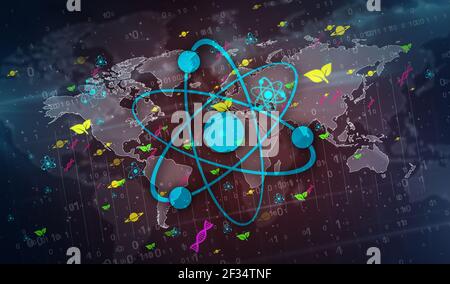 Symboles et icônes de la science et de l'éducation sur l'illustration 3d du globe numérique. Résumé concept de base avec la physique, la chimie, la biologie, l'astronomie et Banque D'Images