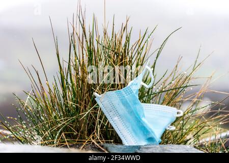 Ardara, Comté de Donegal, Irlande. 15 mars 2021. Masque de visage jeté vu dans une promenade autour du village. L'héritage de Covid-19, coronavirus, n'est pas seulement une question de perte de vie, mais a eu un effet immense sur l'environnement en termes de litière. Les masques sont essentiels pour les gens qui vont dans les magasins par exemple. Credit: Richard Wayman/Alamy Live News Banque D'Images