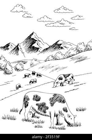 Vaches nourrissant de l'herbe sur la colline graphique noir blanc vertical vecteur d'illustration d'esquisse Illustration de Vecteur