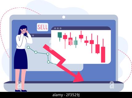 La fille pleure à cause de pertes financières. Chute des cours des actions et réparation d'une perte, la vente. La femme et le marché boursier baissier. Concept vectoriel dans un style plat sur fond blanc. Illustration de Vecteur