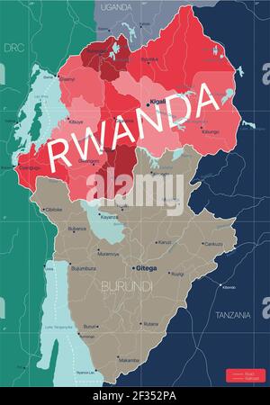 Rwanda carte détaillée modifiable avec régions villes, routes et chemins de fer, sites géographiques. Fichier vectoriel EPS-10 Illustration de Vecteur