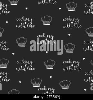 Cuisiner avec amour. Illustration vectorielle à ligne blanche sur fond noir. Cuisine à motif doux et sans coutures. Motif boulangerie Illustration de Vecteur