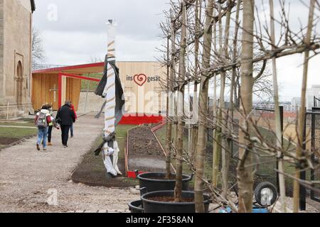 Erfurt, Allemagne. 15 mars 2021. Visite du chantier de construction sur le Petersberg, un site du futur salon fédéral de l'horticulture. Le Federal Horticultural Show (BUGA) à Erfurt ouvrira ses portes le 23 avril 2021. Credit: Bodo Schackow/dpa-Zentralbild/dpa/Alay Live News Banque D'Images