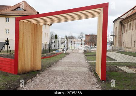 Erfurt, Allemagne. 15 mars 2021. Visite du chantier de construction sur le Petersberg, un site du futur salon fédéral de l'horticulture. Le Federal Horticultural Show (BUGA) à Erfurt ouvrira ses portes le 23 avril 2021. Credit: Bodo Schackow/dpa-Zentralbild/dpa/Alay Live News Banque D'Images