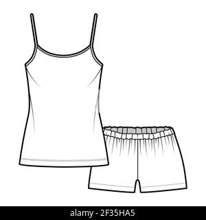 Caraco Pajama Short Sleepwear technique mode illustration avec décolleté rond Cami, longueur mini, large, taille élastique basse. Vêtements plats sur le devant, coloris blanc. Femmes, hommes unisex CAD maquette Illustration de Vecteur