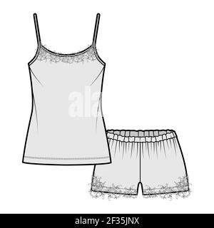 Caraco dentelle Pajama Short Sleepwear technique mode illustration avec décolleté rond Cami, longueur mini, surdimensionné. Vêtements plats vêtements habits avant, style gris. Femmes, hommes unisex CAD maquette Illustration de Vecteur