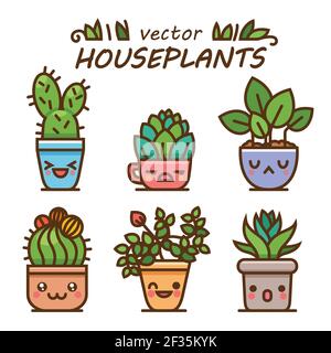 Mignon ravissant kawaii houseplants vecteur art. kawaii fait face à des pots de fleurs. Style de dessin animé. Icônes vectorielles sur fond blanc. Illustration de Vecteur