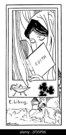 1895, Edyth femme lisant la conception de la bibliothèque par l'illustrateur Starr Wood 'The Snork' Banque D'Images