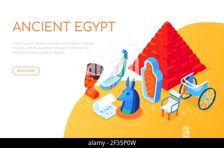 Ancienne Égypte - bannière web isométrique moderne et colorée avec espace de copie pour le texte. Culture et art égyptiens, idée d'histoire. Illustration avec un chariot, pa Illustration de Vecteur