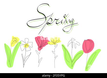 carte postale fleurs de printemps une ligne. dessin à la main illustration vectorielle de couleur minimale Illustration de Vecteur
