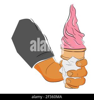 Dessin main couleur plate, main tenant Strawberry Ice Cream Cone, isolé sur blanc Illustration de Vecteur