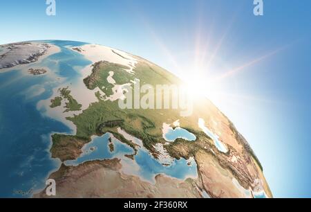 Soleil qui brille sur une vue détaillée de la planète Terre, concentrée sur l'Europe occidentale. Illustration 3D - éléments de cette image fournis par la NASA Banque D'Images