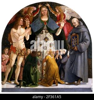 Luca Signorelli. Peinture intitulée 'Madonna de la Miséricorde et des Saints Sebastian et Bernardino da Siena' par le peintre italien de la Renaissance, Luca Signorelli (c. 1441/1445-1523), tempera sur panneau, c. 1490 Banque D'Images