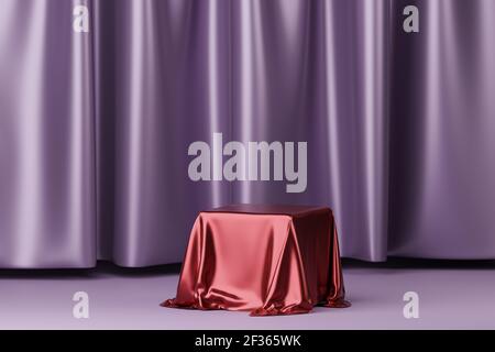 Tissu rouge placé sur le podium ou le piédestal pour les produits ou la publicité près des rideaux violets. Rendu 3D. Banque D'Images