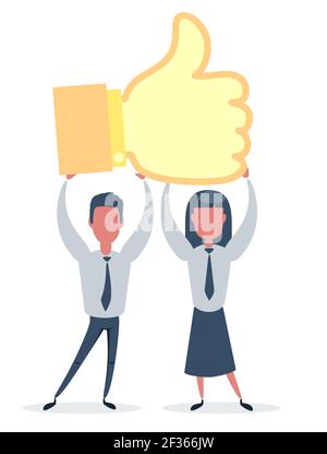 L'homme et la femme tiennent une icône avec un gros pouce vers le haut. Réseaux sociaux efficaces, travail d'équipe. Affiche commerciale, carte de présentation, médias sociaux, bannière, page Web. Illustration de Vecteur