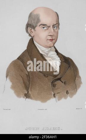 John Adams (1735-1826). Politicien américain. Chef de la révolution américaine. Deuxième président des États-Unis d'Amérique (1797-1801). Portrait. Gravure par Vernier. Panorama universel. Histoire des Etats-Unis d'Amérique, de la 1ère édition de Jean B.G. Les États-Unis d'Amérique du Roux de Rochelle en 1837. Édition espagnole, imprimée à Barcelone, 1850. Coloration ultérieure. Banque D'Images