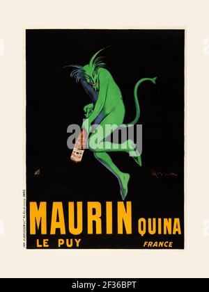 Maurin Quina, France, le Puy, Leonetto Cappiello poster 18x24 pouces, prêt à encadrer avec passe-temps. Un diable vert ouvrant une bouteille de Maurin. Banque D'Images