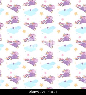 Joli motif vectoriel sans coutures pour enfant. licorne douce à la mangue et à la queue de cheval multicolores. Autour du cheval sont des nuages et des étoiles, violet, rose, bleu.drôle impression d'usine, papier peint pour les bébés, les nouveau-nés Illustration de Vecteur
