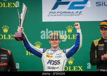 DELETRAZ Louis, Carlin, portrait, podium pendant le championnat 2019 de Formule 2 de la FIA, Angleterre du 11 au 14 juillet, à Silverstone, Grande-Bretagne - photo Sebastiaan Rozendaal / DPPI Banque D'Images