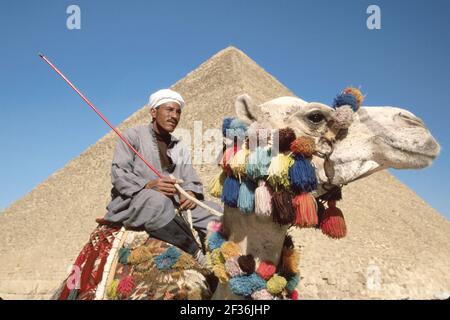 Le Caire Egypte Egyptien Giza District Grande Pyramide Kheops, construit 2600 BC sept merveilles du monde, musulman homme cavalier de chameau offrant des manèges, Banque D'Images