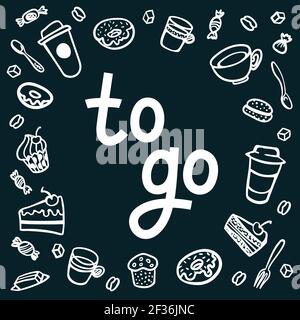 Café à emporter. Affiche avec des lettres à emporter et à sortir des tasses à café et des bonbons sur fond sombre. Excellent pour la conception de menu, les autocollants et les applications Illustration de Vecteur