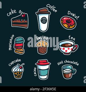 Ensemble café. Ensemble d'objets de dessin animé coloré sur un thème de café. Tasses à café et bonbons avec inscriptions sur fond sombre. Excellent pour moi Illustration de Vecteur