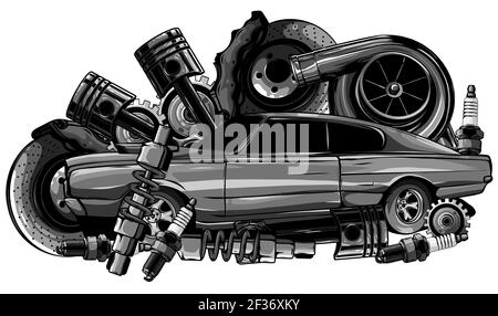 Collection monochromatique de composants de voiture Vintage avec piston de moteur d'automobile roue de direction pneu avant compteur de vitesse boîte de vitesses amortisseur Illustration de Vecteur