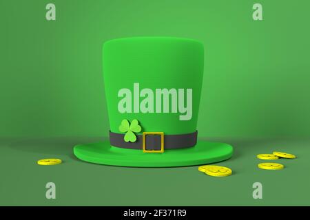 Illustration de la Saint-Patrick. Chapeau de Lepreun vert avec feuille de Clover sur fond vert avec pièces de monnaie dorées. rendu 3d Banque D'Images