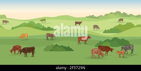 Paysage rural de ferme laitière avec des vaches sur un horizon panoramique sans couture. Collines, prairies, arbres et horizon des champs. Arrière-plan nature d'été. Gras de pâturage Illustration de Vecteur