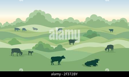 Paysage rural de ferme laitière avec des vaches au-dessus de l'horizon de campagne panoramique sans couture. Collines, prairies, arbres et horizon des champs. Arrière-plan nature d'été. Illustration de Vecteur